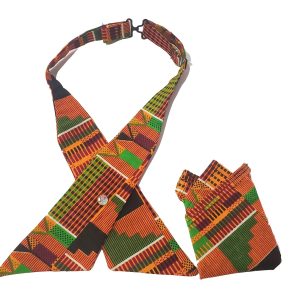Orange, Green, Black Kente Tie and Pocket Square Set