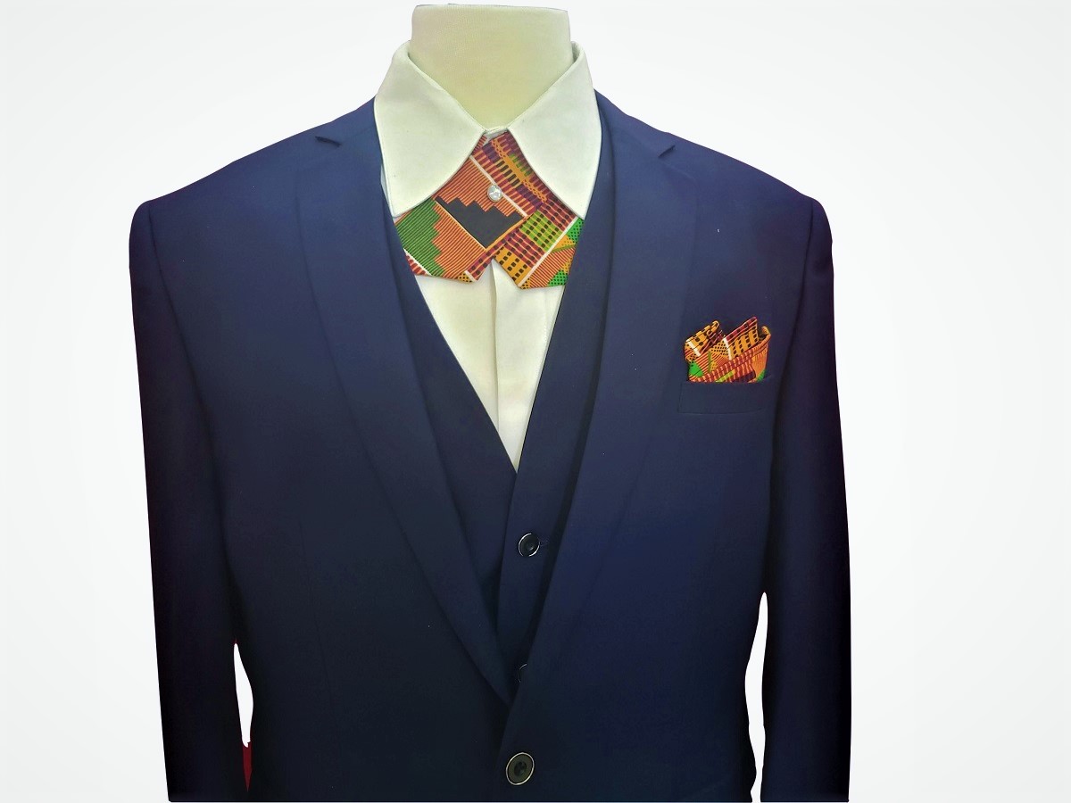 Orange, Green, Black Kente Tie and Pocket Square Set - Image 3